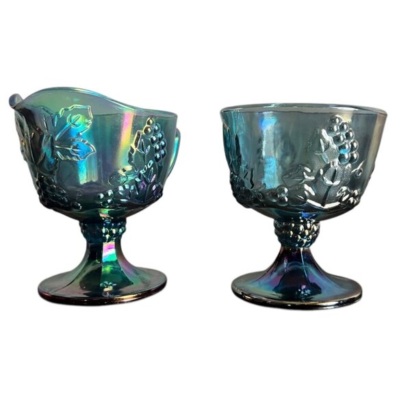 Vintage Harvest Blue Iridescent Carnival Glass Open Sugar Bowl & Creamer Grapes - Picture 3 of 11